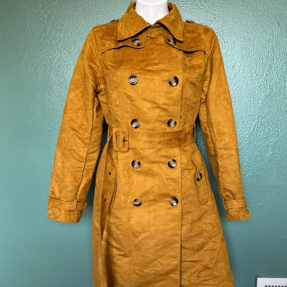 Steve Madden Suede Mustard Yellow Trench Coat Tie Waist Fitted Jacket